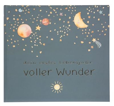 goldbuch 50 497 Journal de bébé plein de merveilles espace Bleu Album souvenir avec 100 pages illustrées, couverture avec gaufrage doré et ciel nocturne comme motif, album pour bébé env. 24,5 x 22,5 x