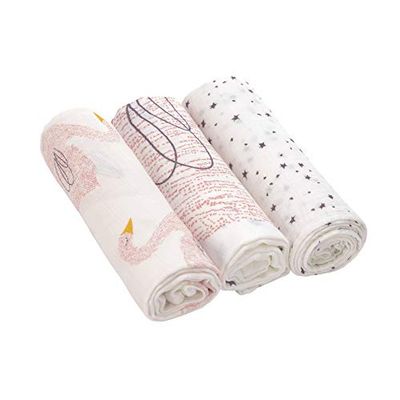 LÄSSIG Baby Mulldoek, spuugdoek, inbakerdoek, 3-delige set, katoen, 80 x 80 cm, Heavenly Soft Swaddle L, Little Water Swan