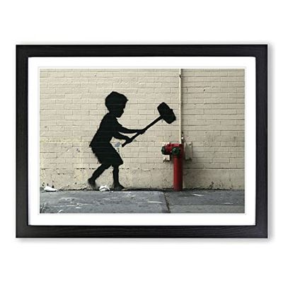 Banksy Fire Hydrant Graffiti Wall Art Modern Framed Wall Art Print, Ready to Hang Picture for Living Room Bedroom Home Office Décor, Black A3 (46 x 34 cm)