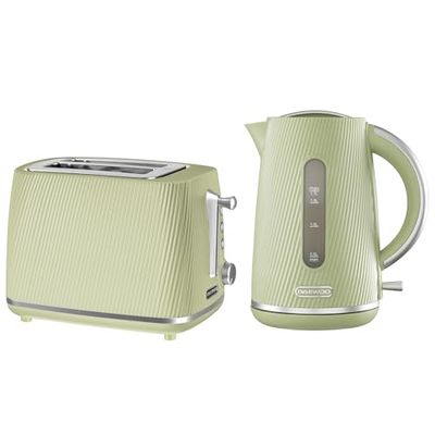 Daewoo Cascade Kettle & Toaster Set – 1.7L Rapid Boil Electric Kettle & 2 Slice Toaster Bundle – Sage Ribbed Finish, Adjustable Browning, Reheat & Defrost, Removable Crumb Tray, Limescale Filter
