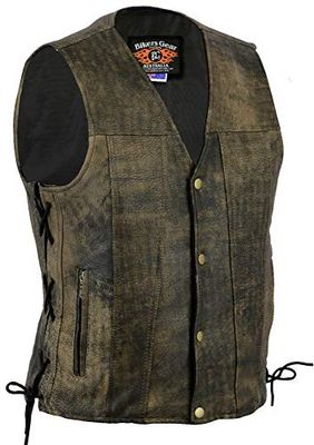Bikers Gear Australia Limited Premium Colete de couro de vaca de 1,3 mm com cordões ajustáveis e bolsos, cor castanho envelhecido, tamanho XL