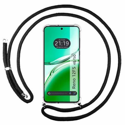 Tumundosmartphone Transparent Case for OPPO Reno 12FS 4G / 12 FS 5G with Black Cord, Gel