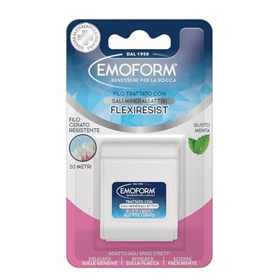 Emoform Hilo dental Flexiresist encerado – Tratado con sales minerales y menta, 30 m – Suave con las encías inflamadas con deslizamiento óptimo para una limpieza profunda de los dientes.