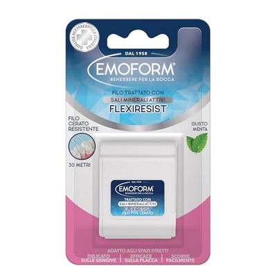 Emoform Filo Interdentale Flexiresist Cerato - Trattato con Sali Minerali e Menta, 30mt - Delicato sulle Gengive Infiammate con Scorrevolezza Ottimale per una Pulizia Denti Profonda.