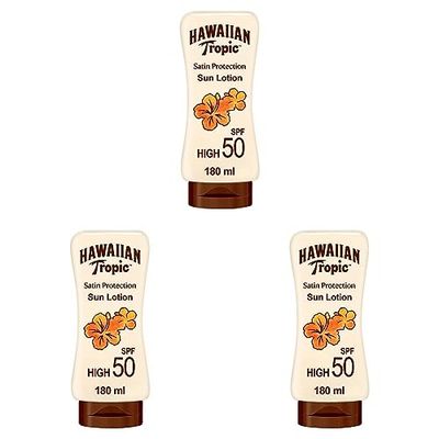 HAWAIIAN Tropic Satin Protection Ultra Radiance - Loción Solar de Protección Alta, Índice Spf 50+, Protege y Suaviza la Piel, Fragancia Frutas Tropicales, Crema, 180 Mililitros (Paquete de 3)