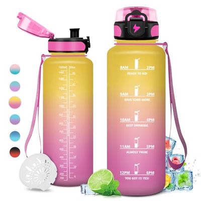 KollyKolla Motiverende drinkfles, 1,5 liter, sportfles, lekvrij, sportfles met tijdsweergave, 1 klik om te openen, BPA-vrij, voor volwassenen, hardlopen, yoga, kantoor, gym
