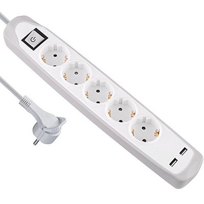 Electraline Gummy 62159 Extensão base 5 tomadas e 2 USB 2.1A - Cover de silicone, cabo 2 m ficha plana