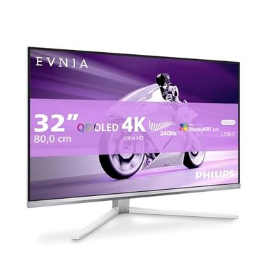 Philips Evnia 32M2N8900 - Monitor da gioco OLED UHD da 32 pollici, 240 Hz, 0,03 ms, HDR400, FreeSync Prem. Pro, G-Sync comp. (3840x2160, 2x HDMI 2.1, 1x DP 1.4, 1x USB-C (65 W PD), hub USB) bianco