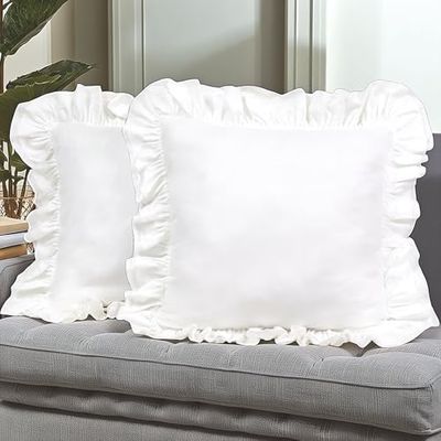 Lemfux Juego de 2 Fundas de Almohada de algodón Blanco con Volantes de 24 x 24 Pulgadas, Fundas de Almohada Decorativas Estilo Desgastado y Chic