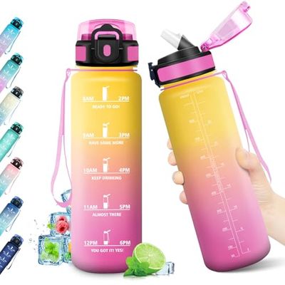Borraccia 1L, Borraccia con Cannuccia, Bottiglia Acqua Riutilizzabile, Borraccia con Marcatori Temporali, Borraccia senza BPA, A Prova di Perdite, Borraccia Acqua per Fitness, Scuola, Ufficio
