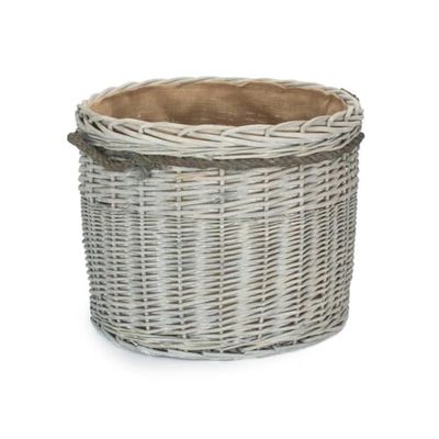 Red Hamper ST087/1 Small Wicker Grey Wash Round Hessian Lined Log Basket