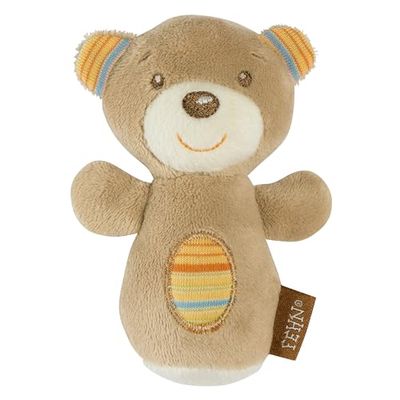 Fehn mini sonajero osito, Juguete de agarre para hacer sonar, sentir y jugar, adorable animal de tela suave, juguete de motricidad como fiel compañero para bebés y niños pequeños de 0+ meses