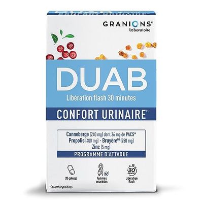 GRANIONS Duab - 20 Gélules - Inconfort Urinaire et Bien-Être Féminin - Formule Brevetée - Canneberge, Propolis, Oligoélément (Zinc) - Laboratoire des Granions - Marque Française