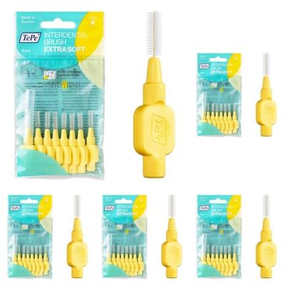 TePe Cepillos interdentales Extra Suaves/Palillos interdentales para una higiene bucal delicada/Tamaño 4, diámetro 0,7mm / 8 unidades por paquete, color amarillo claro (Paquete de 5)