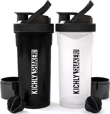 KICHLY Klassieke Proteïneshakerfles (700 ml) met Lekvrije Dop – Containeropslag voor Proteïnen of Supplementen- Perfecte Fitnesspartner & Trainingsgeschenk (Zwart, Verpakking van 2)