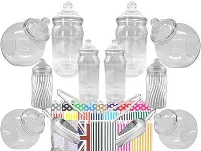 LARGE 10 MIXED Plastic Sweet Jars, 2 Tongs, 2 Scoops, 100 Bags - Vintage Victorian Pick & Mix Sweet Shop Candy Buffet Kit Party Pack (Black)