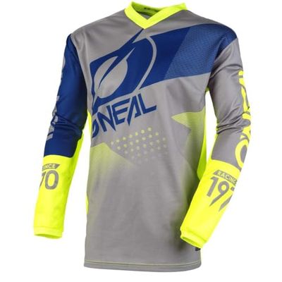 O'Neal | Jersey de Motocicleta | Bicicleta de montaña | Máxima Libertad de Movimiento, Protección Acolchada para los Codos | Jersey Element Factor | Adultos | Azul Gris Amarillo Neón | Talla M