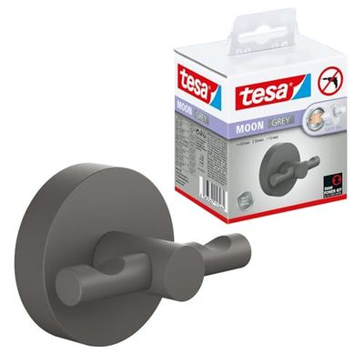 tesa® Moon Grey Gancho para Albornoz - Perchero para Baño con Estilo Industrial o Estilo Moderno - Autoadhesivo, Sin Taladro - 50 mm x 65 mm x 53 mm - Gris Mate