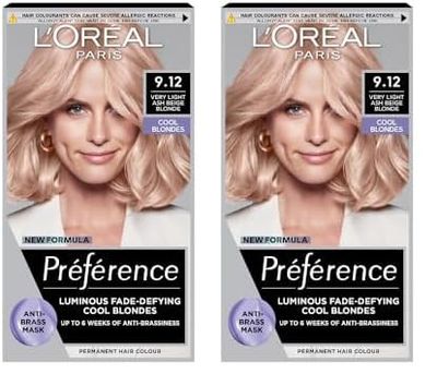 L'Oreal Paris Preference Hair Dye, Long Lasting, Luminous Permanent Hair Colour, 9.12 Siberia (Pack of 2)