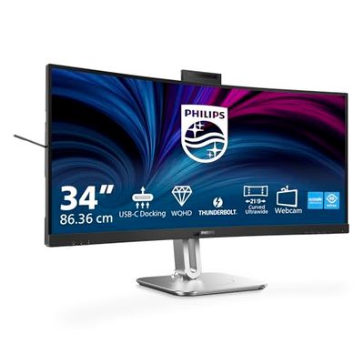 Philips 34B2U6603CH - Moniteur incurvé WQHD 34 Pouces, réglable en Hauteur, Haut-parleurs, Webcam 5 MP, Suppression du Bruit, HDR400 (3440x1440, HDMI, DisplayPort, USB-C, Hub USB) Gris foncé
