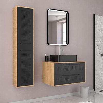 AURLANE Meuble Salle de Bains 80 cm, Vasque Rectangle, Miroir LED et Colonne - Chêne Naturel et Noir - UBY