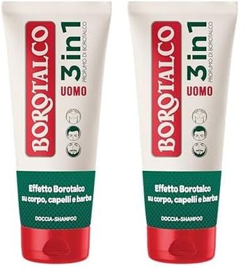 Borotalco, Doccia Shampoo Uomo 3in1 Corpo, Capelli e Barba, Profumo Originale, Corpo, Capelli e Barba Puliti, Morbidi e Profumati, Dermatologicamente Testato - 200 ml (Confezione da 2)