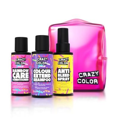 Crazy Color Haircare Travel Kit | 3 x 100ml Essentials for Coloured Hair Vibrancy | Extend Shampoo, Rainbow Conditioner & Anti-Bleed Spray | Vegan