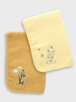 LOONEY TUNES - Set De 2 Serviettes Brodées 30 x 45 cm - Éponge Absorbante 100% Coton, Doublure Imperméable, Change Nomade pour Bébé - Sylvestre & Titi - Produit Officiel Warner Bros