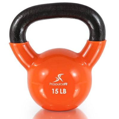 Prosource Vinyl gecoate gietijzeren kettlebells kleurgecodeerd 15 lbs. met extra grote handgrepen voor thuis en gym workouts, oranje