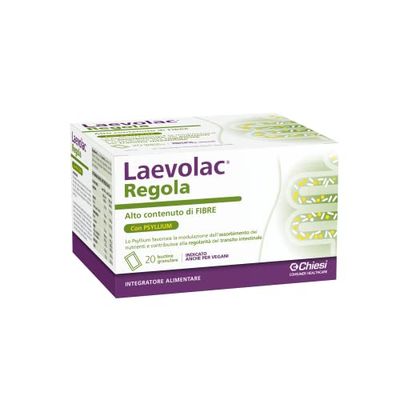 Laevolac Regola - Integratore Alimentare Naturale, Aiuta a Regolare la Funzionalità dell’Intestino, a Base di Crusca di Frumento, e Psyllium, Indicato per Vegani - Confezione da 20 bustine monodose