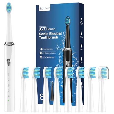 Brosse À Dent Électrique Sonique Adultes avec 8 Têtes - Brosse À Dents Sonique pour Adultes et Enfant, 5 Modes, Étanche IPX7, Brosses à Dents Ultrasoniques Famille et Voyager, Blanc Brillant