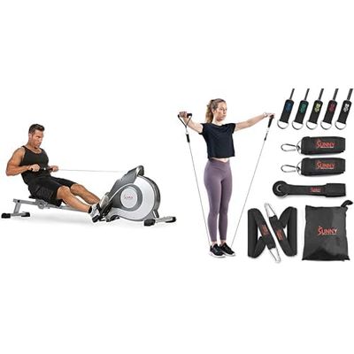 Sunny Health & Fitness Magnetic Rowing Machine, Extra Long Slide Rail, 8 Levels Resistance + Premium Resistance Band Set with Door Anchors, Wrist Straps, Handles & Carry Bag
