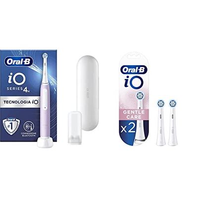 Oral-B Spazzolino Elettrico Ricaricabile iO 4n Lavanda, 1 Testina, 1 Custodia Da Viaggio & iO Testine Spazzolino Elettrico, Ultimate Clean, Confezione da 2 pezzi, Bianco e Rosa