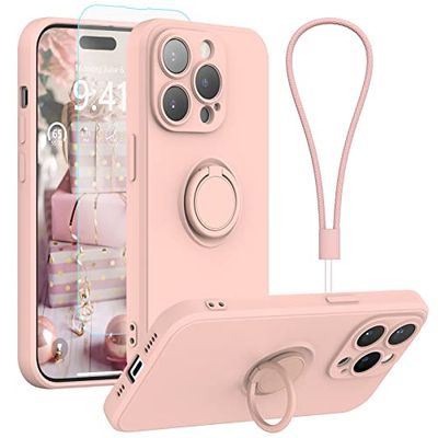 pcgaga Siliconen telefoonhoesje voor iPhone 14 Pro met schermbeschermer [ringhouder standaard] [polsband] [Microfiber voering] Slanke schokbestendige beschermhoes, 6,1 inch, roze