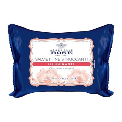 Acqua alle Rose, Salviettine Struccanti Illuminanti per Pelli Spente e Opache, con Vitamina C di Rosa Canina Energizzante, Azione Struccante su Viso, Occhi e Labbra, 20 Salviettine
