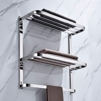 Portasciugamani a 2 ripiani con barra portasciugamani, 61 cm di larghezza x 21 cm di profondità per bagno e hotel, montaggio a parete, accessori di montaggio inclusi, cromo lucido