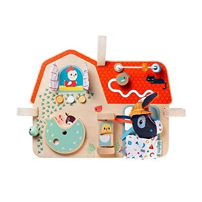 Lilliputiens - Panel de Actividades para bebés - Tema Granja - Juguete de Despertar de Madera con 8 Juegos sensoriales - Fácil de Colgar - Desarrolla la motricidad y el oído - Desde 9 Meses - 83179