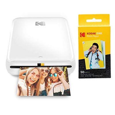KODAK Step Impresora Móvil con tecnología Zink, Imprime Fotos Adhesivas de 2x3 Pulgadas Desde Cualquier Dispositivo, NFC, Bluetooth, Blanco + Papel fotográfico Zink Premium de 2x3 Pulgadas, 50 Hojas
