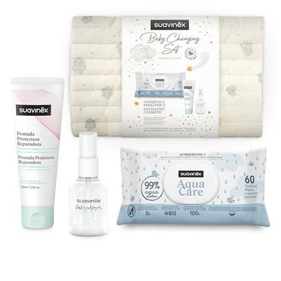 Suavinex, Torba na pieluchy dla niemowląt z: maść ochronna naprawcza 75 ml + chusteczki Aqua Care 60 szt. + Baby Cologne 50 ml + pojemnik na chusteczki i pieluchy. Prezent dla noworodka, beżowy,