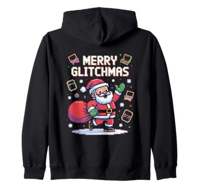 Merry Glitchmas Pixel Santa Gamer Christmas Tech Zip Hoodie