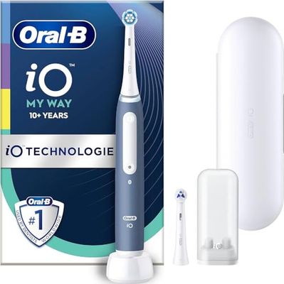 Oral-B iO My Way Elektrische tandenborstel/elektrische tandenborstel, vanaf 10 jaar, 4 poetsmodi voor tandverzorging, extra opzetborstel voor beugels, 1 reisetui, ontworpen door bruin, oceaanblauw