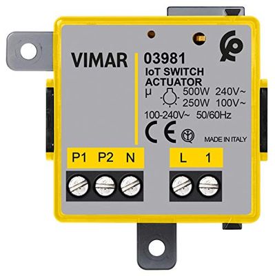 Vimar 03981 Módulo de relé conectado IoT con salida NO, para lámparas incandescentes, LED, fluorescentes, transformadores, control remoto, tecnología dual Bluetooth y Zigbee, gris