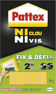 Pattex Ni Clou Ni Vis - Fix & Défix (10 pastilles de 20 x 40 mm) – Adhésif de fixation surpuissant facilement démontable – Adhésif double face pour toutes surfaces et objets