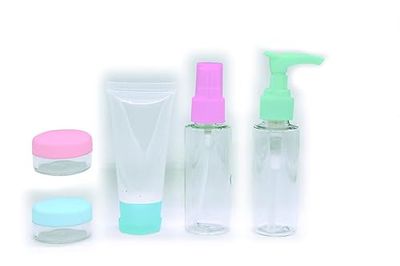 Aurore Beauté - Kit da viaggio speciale per aereo bagaglio a mano - Flaconi da viaggio vuoti - Bottiglie da viaggio durevoli e riutilizzabili - 5 flaconi - Tappo multicolore/trasparente