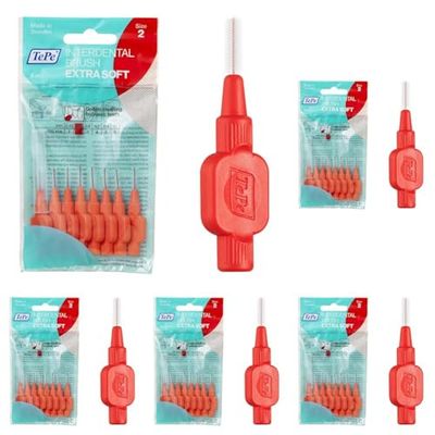 TEPE Scovolini interdentali Extra Soft/Spazzolini interdentali ultra morbidi di alta qualità con cappuccio, misura ISO 2 (filo 0,5 mm), rosso chiaro, 8 pz x confezione (Confezione da 5)