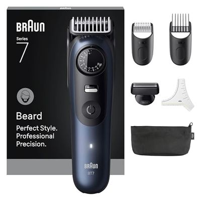 Braun Barttrimmer Serie 7 + 6 accessori, lama ProBlade affilata a vita, fino a 120 minuti di durata della batteria, 40 impostazioni di lunghezza, impermeabile, ruota di precisione e tasto di blocco,