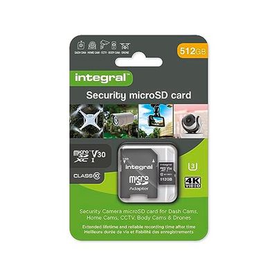 Integral Scheda di sicurezza Micro SD da 512 GB per dash-cam, videocamere domestiche, CCTV, body cam e droni. Durata prolungata e registrazione affidabile di volta in volta con High Endurance