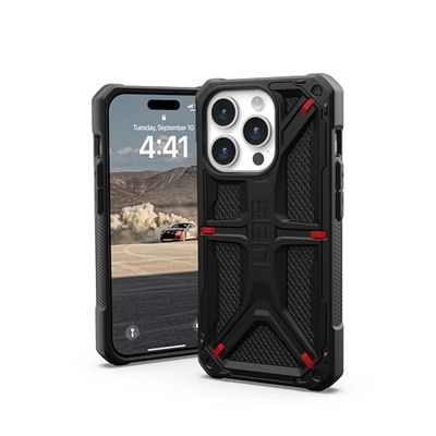 Urban Armor Gear Monarch Funda Protectora Compatible con Apple iPhone 15 Pro [Carga inalámbrica Compatible, Protección Militar estándar de 5 Capas, Borde Elevado] Kevlar Negro