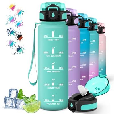 Drinkfles, 1 liter, lekvrije fitnessfles, motiverende drinkfles met tijdschaal, drinkfles met rietje, gemakkelijk te reinigen, drinkfles voor sport, wandelen, fietsen, yoga, groen