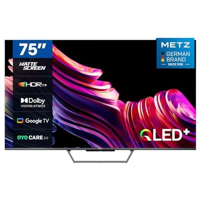 Metz Smart TV, MQE7600Z, 75", QLED, 4K, UHD, HDR 10+, Google TV, Matte Screen, Eye Care, Flicker-Free, Auto Ambient Light Sensor, HDMI, USB, Grigio [4 Anni di Garanzia]